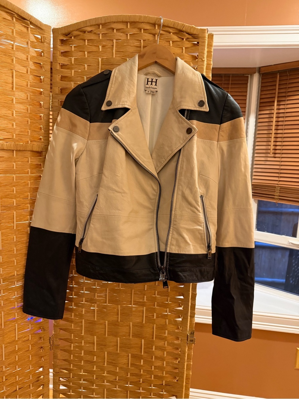 Haute Hippie Two-Tone Beige and Black Leather Moto Jacket